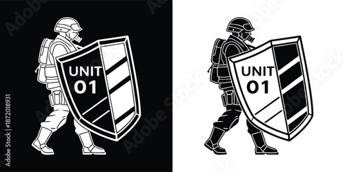 Vector graphic illustrating a heavily equipped tactical riot control soldier wearing a helmet and gas mask holding a large shield marked unit 01