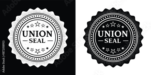 Collection of two ornate circular union seal emblems featuring stars and ridged borders presented in contrasting black and white colorways