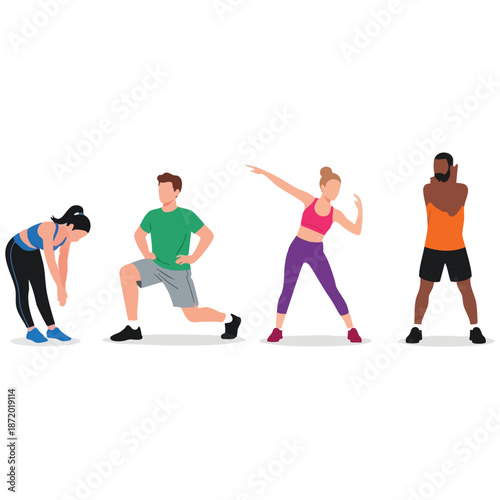 Diverse Group of People Stretching and Warming Up Before Exercise and Sports Illustration