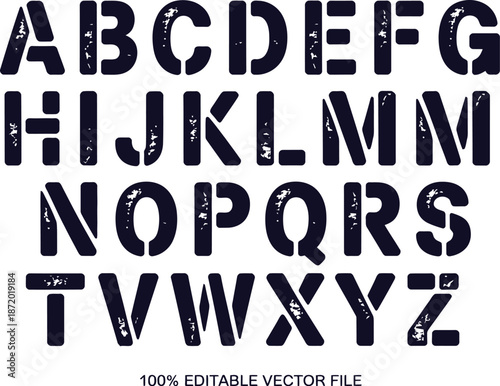 Bold distressed uppercase alphabet letters in navy blue