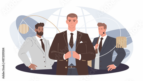 Three confident businessmen in modern office setting