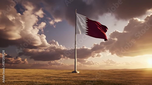 Qatar national flag waving on tall flagpole in open golden field under dramatic cloudy sky at sunset