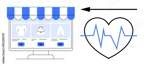 Online shopping concept. Online shopping combined with a heart rate line emphasizing the impact of digital purchases. Online shopping influencing lifestyle and decision-making. For e-commerce, health