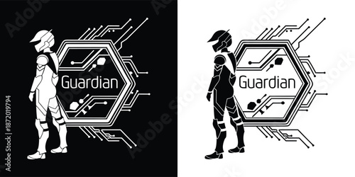 Striking black and white graphic design featuring a futuristic guardian figure beside a hexagonal circuit board emblem labeled guardian