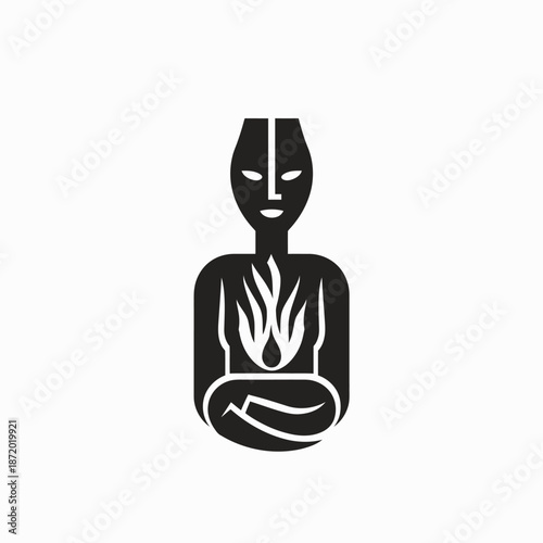 Stylized Human Figure Meditating with Inner Flame, Spiritual Energy. Abstract Meditation Icon. Minimalist Black Vector Illustration.
