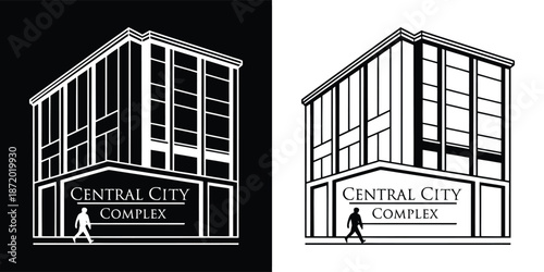 Black and white logo design featuring a stylized modern office building labeled central city complex ready for branding applications