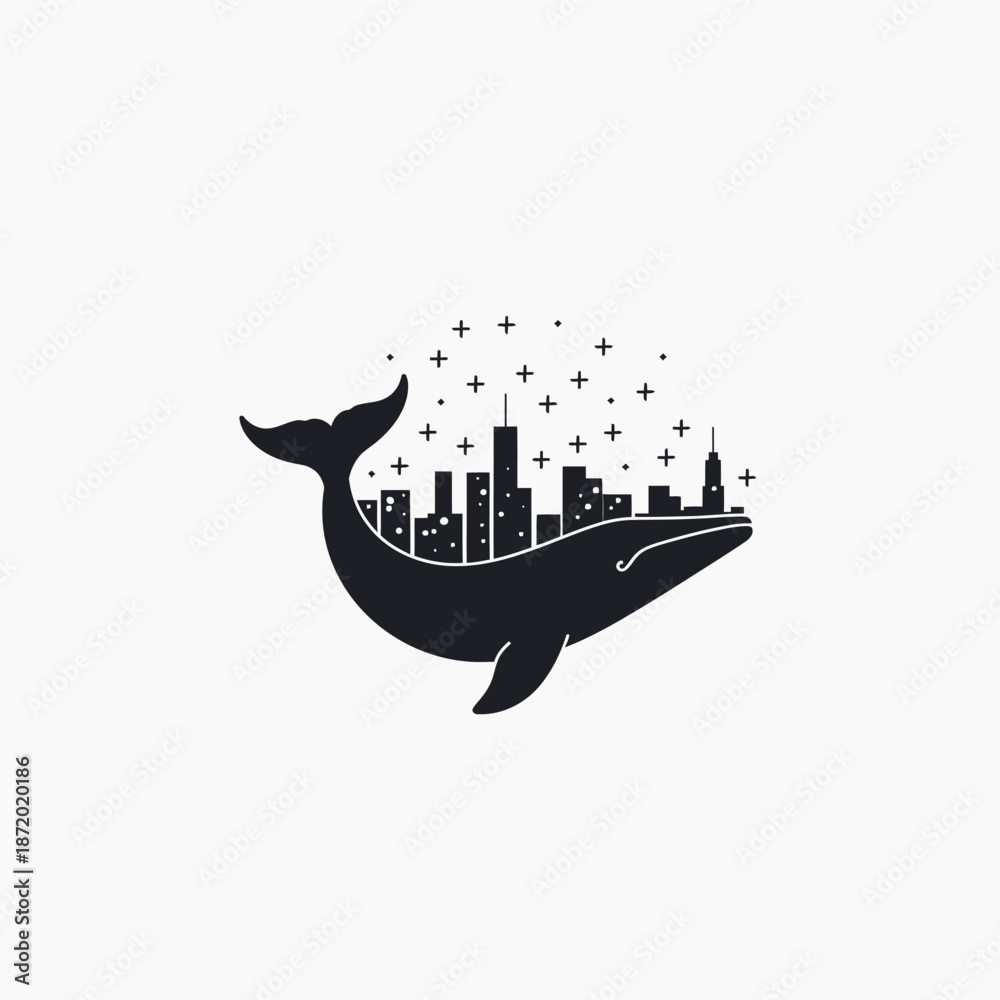 Obraz premium Minimalist black silhouette illustration of a whale containing an urban cityscape and stars, symbolizing nature and city fusion.