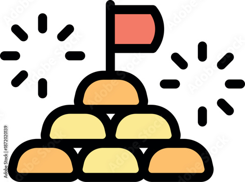 Achieving success, symbolized by a flag atop a mountain peak, is celebrated with sparkling bursts of light