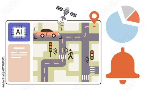 Smart cities, AI navigation, traffic safety, GPS tracking, urban planning, autonomous vehicles. AI chip, connected cars pedestrian detection satellite and safety indicators. Smart cities and AI