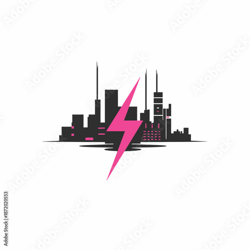 Dynamic pink lightning bolt striking through modern city skyline silhouette, representing urban energy and power graphic concept