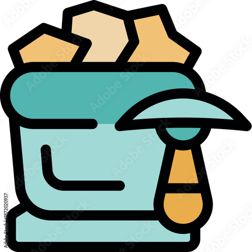 Mining cart full of extracted minerals with pickaxe, representing the process of resource gathering in the mining industry