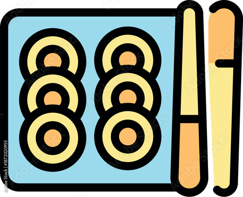 Freshly prepared sushi rolls presented on a tray, accompanied by soy sauce and chopsticks, ready to be savored