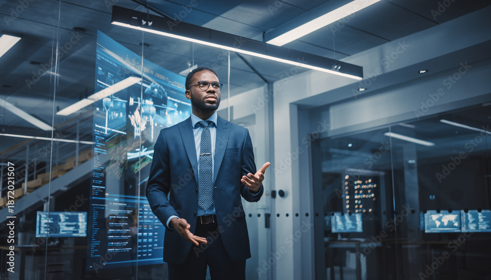 Fototapeta premium African American Businessman Interacting with Holographic Display in Modern Office.