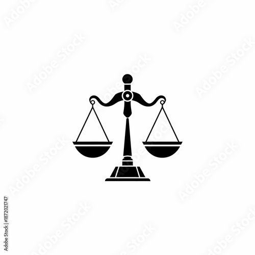 Black balance scale silhouette icon symbolizing justice, law, equality, and fairness. Symbol of legal system, ethics, and impartial judgment.