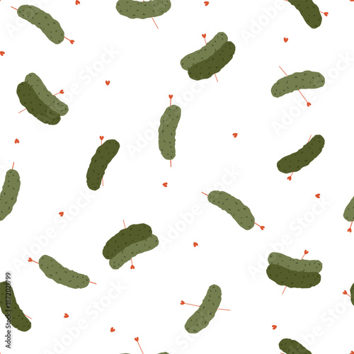 Cute hand drawn patetrn with pickled cucumbers and hearts on white background. Vector illustration for wrapping paper, card, fabric, Valentine's Day.