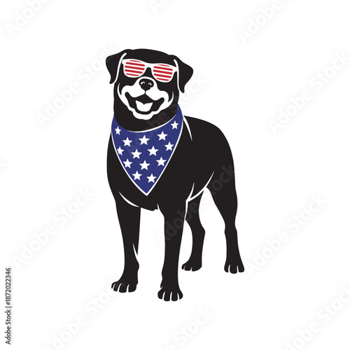 Patriotic dog illustration featuring American flag sunglasses and starry bandana