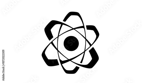 Abstract black and white atom outline icon with geometric electron paths vector design