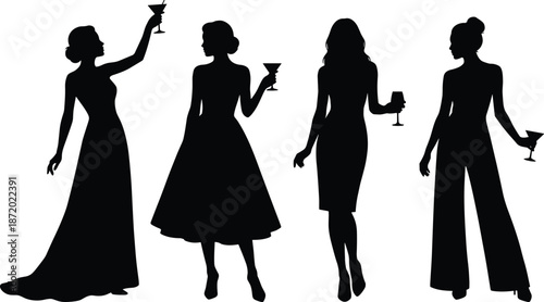 Elegant women party silhouettes holding cocktail glasses, fashionable female figures in evening dresses, black vector illustration isolated on white background for celebration themes