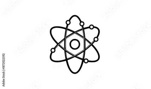 Minimal black and white atom icon with orbiting electrons scientific symbol vector illustration