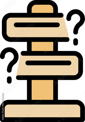 Wooden direction signpost is showing uncertain destination path with multiple question marks, concept of confusion and lost