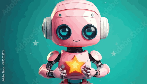 Adorable Pink Robot Holding a Star with Big Eyes and Headphones.