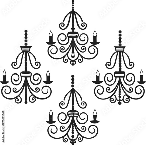 Elegant black silhouette chandeliers with candles in a classic decorative pattern