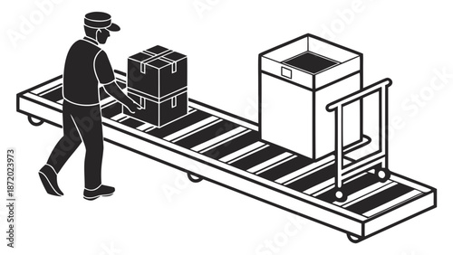Man pushing boxes on conveyor belt towards large container