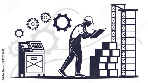 Warehouse worker inspecting inventory on clipboard near stacked boxes and shelving unit
