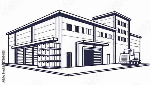 An illustration of an industrial building with a truck parked outside, viewed from the front.
