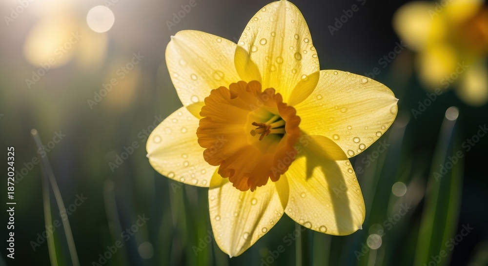 Fototapeta premium Sunlight illuminates a yellow and orange blossom covered in tiny water droplets
