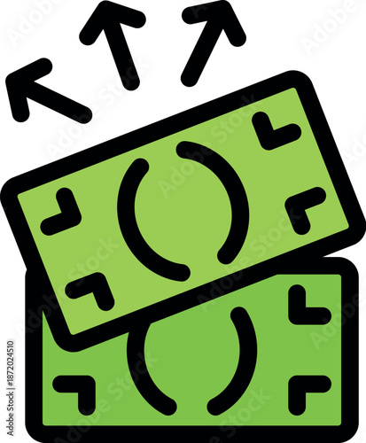Cash banknotes with arrows pointing up representing increasing wealth, finance growth, money transfer and successful investment