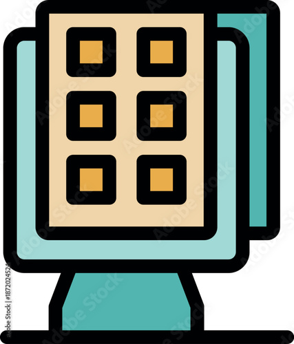 Interactive kiosk displaying a grid menu, providing easy navigation and information access in public spaces