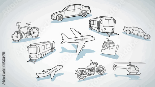 Collection of hand-drawn transportation vehicles on a light background.