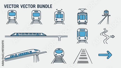 Collection of modern train and tram vector illustrations.