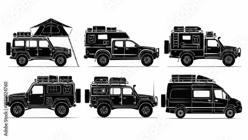 Collection of Off Road Camper Vans and SUVs with Rooftop Tents.