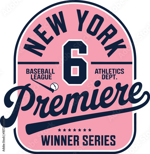 Pink and navy vintage baseball winner series badge with number 6 and premiere text