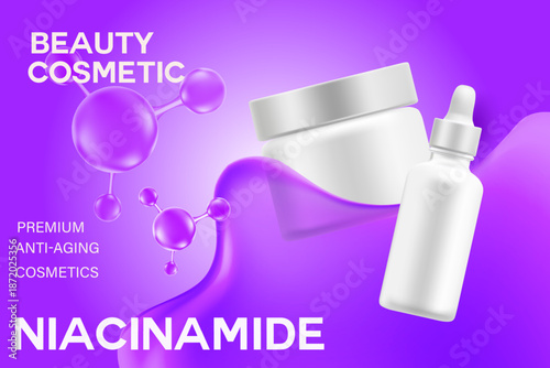 Cosmetic purple 3D liquid droplet with cream jar, serum, floating design, clear glass, mockup background. Skin care product promo poster. Beauty cosmetic commercial banner, skin care ad.