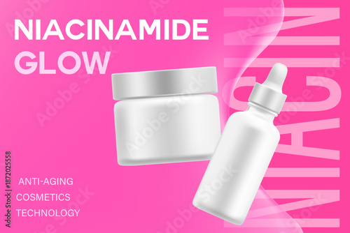 Cosmetic pink 3D liquid texture with niacinamide droplet, cream jar, serum, mockup background. Skin care product promo poster. Beauty cosmetic commercial banner, skin care ad.