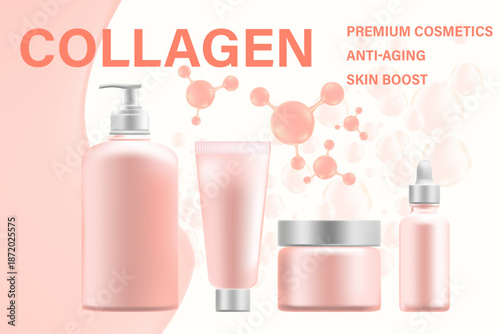 Cosmetic 3D nude peach color liquid collagen droplet, dispenser pump bottle, cream jar, serum mockup background. Skin care product promo poster. Beauty cosmetic commercial banner, skin care ad.