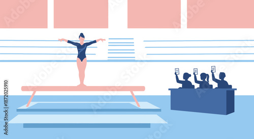 A balanced performance: Gymnast on the beam, judges attentively assessing competition