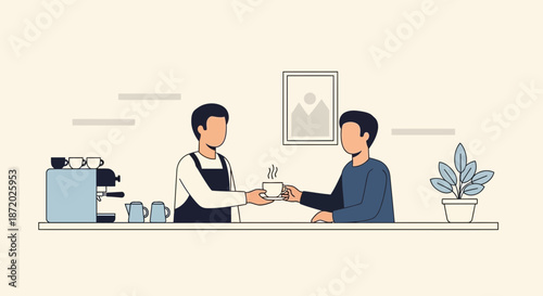 A barista serves a customer coffee in a cafe flat vector illustration design