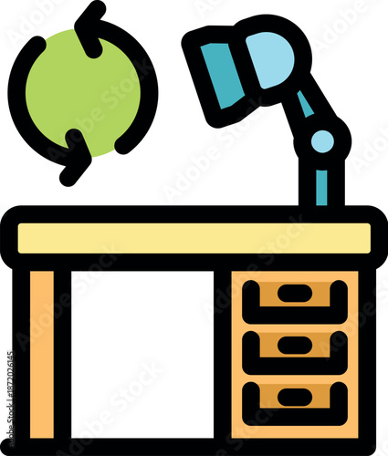 Wooden desk with lamp and recycling symbol, promoting sustainable and eco conscious work practices