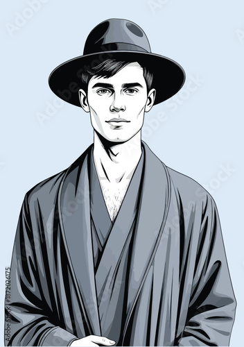 060-10-Man wearing a fedora hat and a stylish robe in a monochrome vector portrait