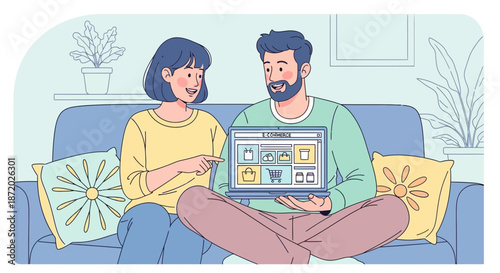A couple shopping online together on the sofa at home, using a laptop for e-commerce browsing and