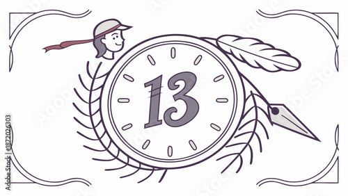 A vintage-style illustration of a clock with the number 13 surrounded by a wreath and a feathered pen