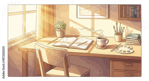 A cozy artist's workspace bathed in warm sunlight inspires creativity and tranquility