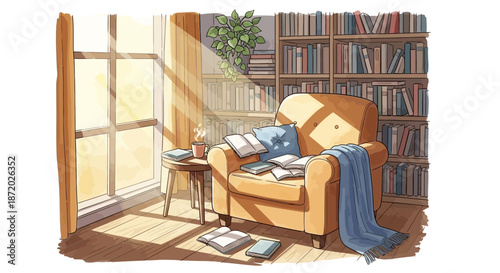 A cozy reading nook with an armchair books and sunlight streaming through the window creates an