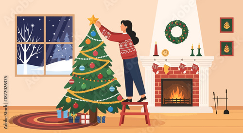 A cozy winter scene of a woman decorating a Christmas tree in a warm home setting