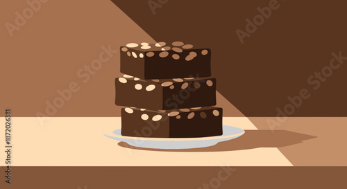 A Delicious Stack of Chocolate Brownies with Nut Topping in a Monochromatic Setting