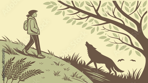 A lone hiker observes a wolf under a tree in a serene forest landscape